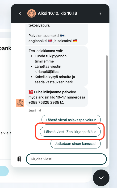 Lähetä viesti Zen-kirjanpitäjälle -painike Messaging-ikkunassa